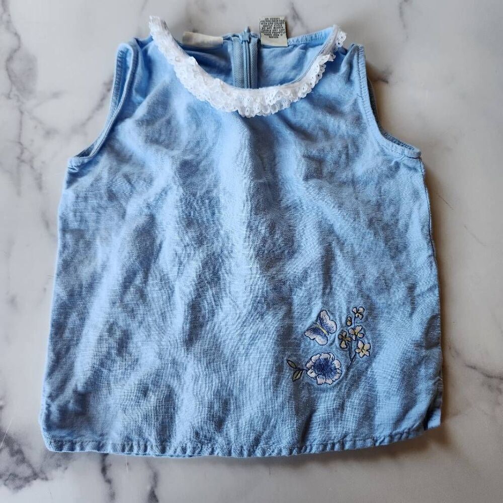 Cherokee 5 linen girls small blue cottage vintage sleeveless blouse ruffle colla